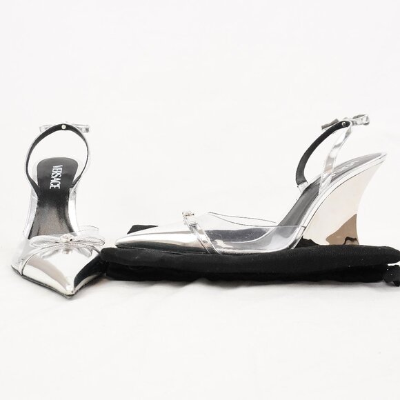 Versace Gianni Ribbon Metallic Wedge Pumps In Silver - Women's Size EU 41